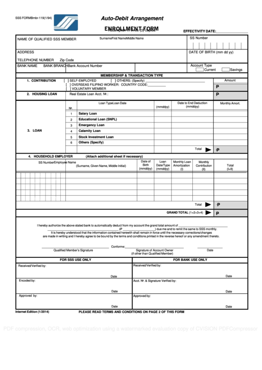 Fillable Auto Debit Arrangement Enrollment Form Printable pdf