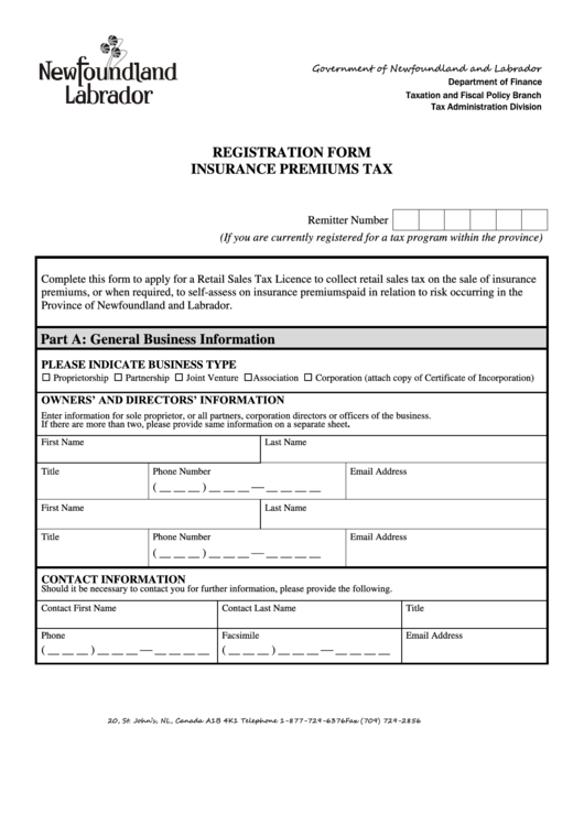 Registration Form Insurance Premiums Tax Printable pdf