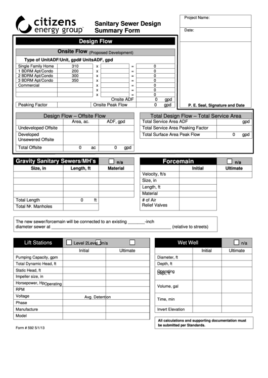 Forcemain Sanitary Sewer Design Summary Form