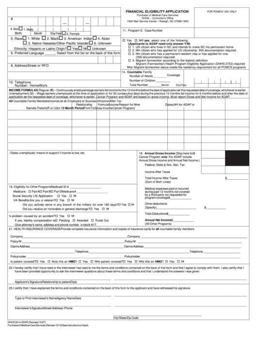 Financial Eligibility Application Nc Dhhs 3014 Adap Printable pdf