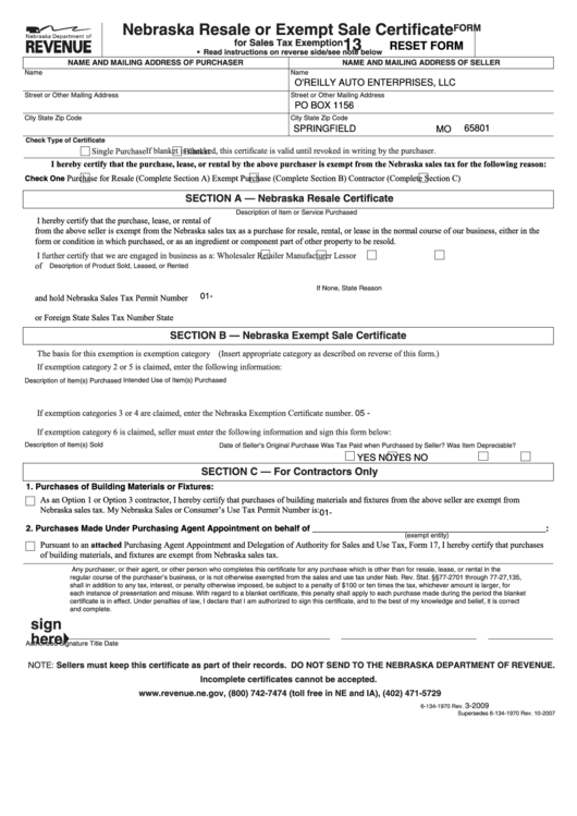 Form 13 - Nebraska Resale Or Exempt Sale Certificate For Sales Tax Exemption