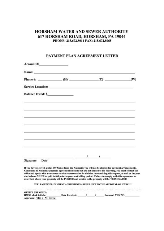 Payment Agreement Form - Horsham Water & Sewer Authority Printable pdf
