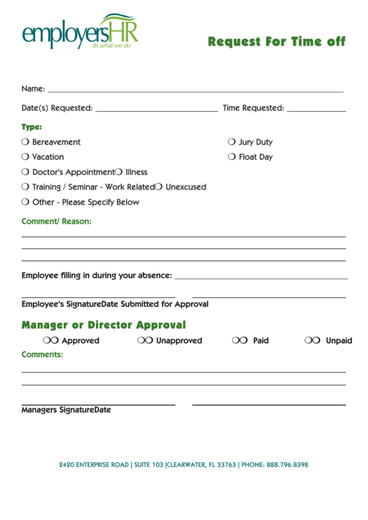 Request Time Off Form Printable pdf