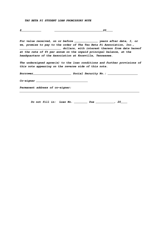 Tau Beta Pi Student Loan Promissory Note Printable pdf