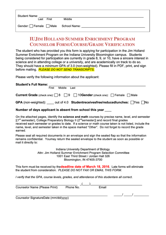 Fillable Iu Jim Holland Summer Enrichment Program Counselor Form: Course/grade Verification Printable pdf