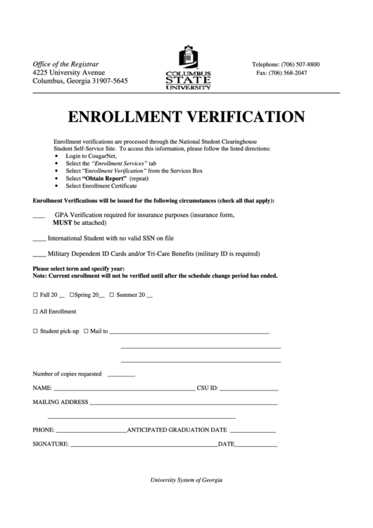 Enrollment Verification - Office Of The Registrar Printable pdf