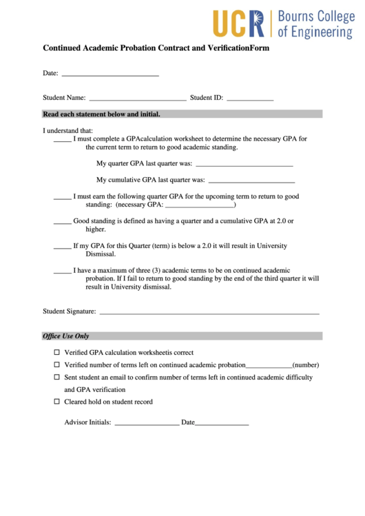 Continued Academic Probation Contract And Verification Form Printable pdf