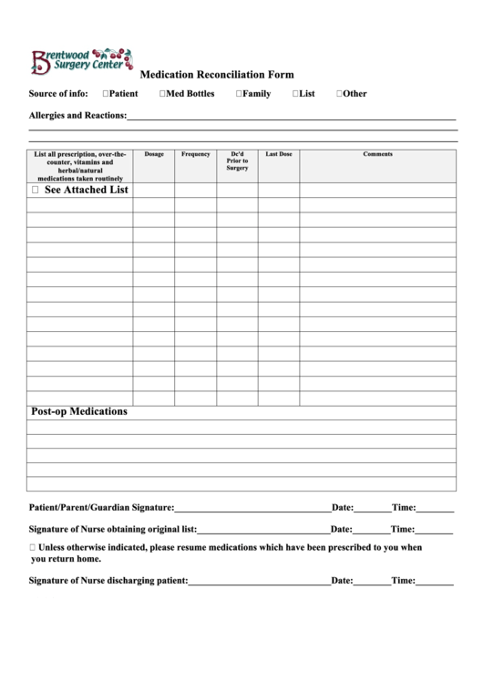 Medication Reconciliation Form Printable pdf