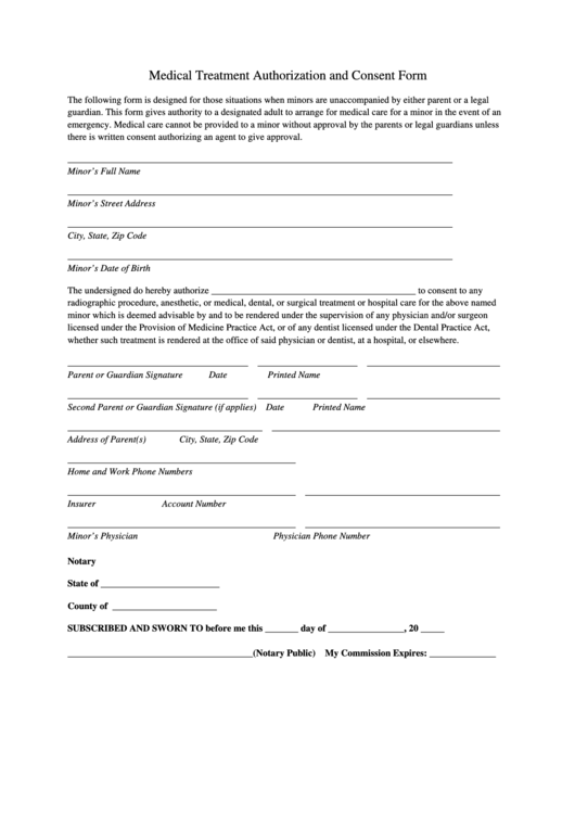 Medical Treatment Authorization And Consent Form Printable pdf