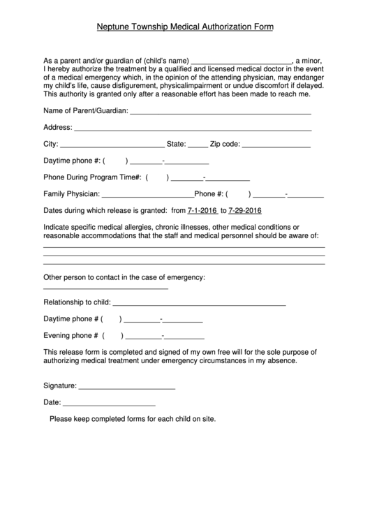 Medical Treatment Authorization Form - Neptune Township Printable pdf