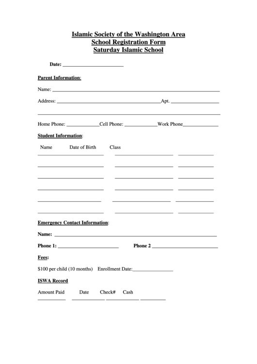School Registration Form - Iswa Printable pdf