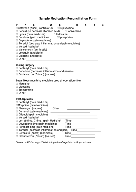 Sample Medication Reconciliation Form Printable pdf