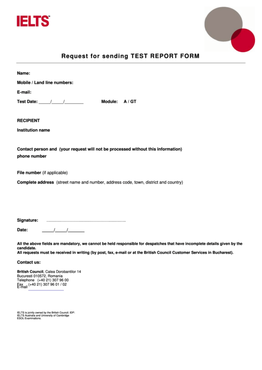 Request For Sending Test Report Form
