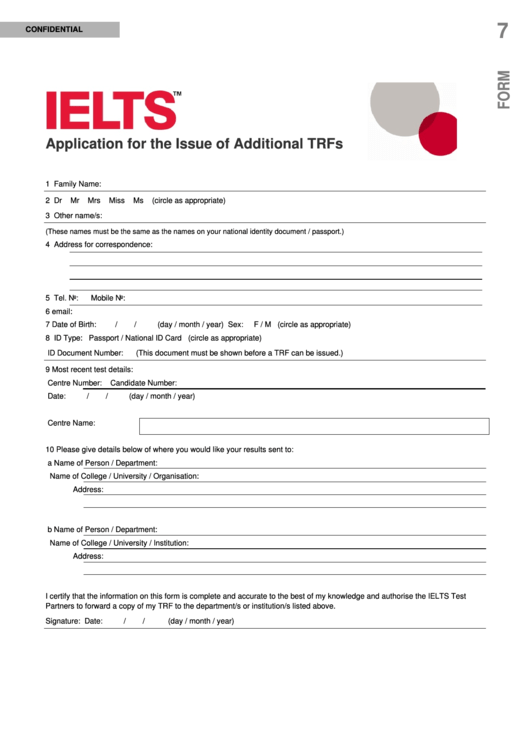 Application For The Issue Of Additional Trfs - Ielts Printable pdf