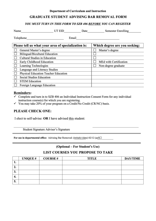 Graduate Student Advising Bar Removal Form Printable pdf