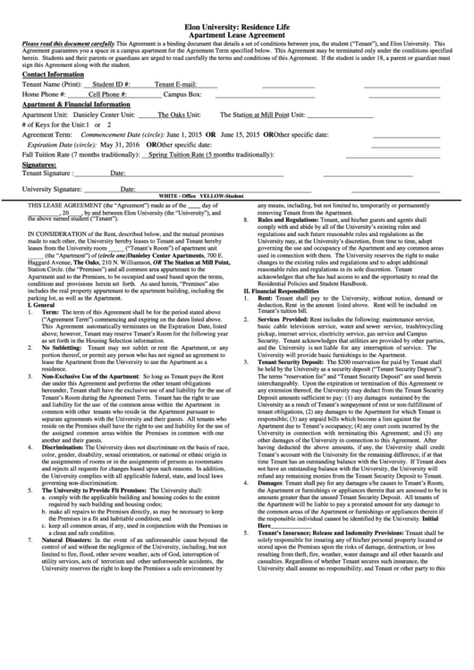 Elon University: Residence Life Apartment Lease Agreement Printable pdf