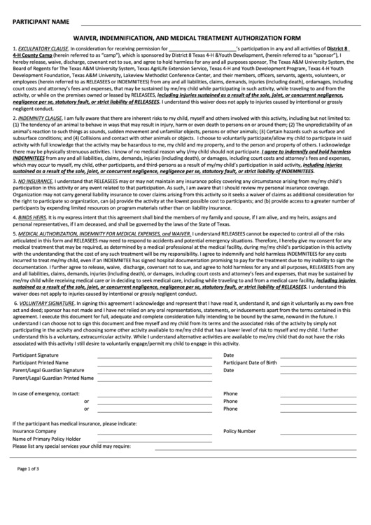 Waiver, Indemnification, And Medical Treatment Authorization Form Printable pdf