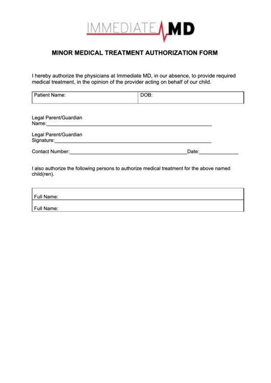 Minor Medical Treatment Authorization Form Printable pdf