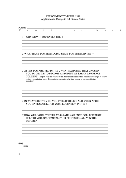 Application To Change To F-1 Student Status Printable pdf