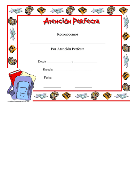 Perfect Attendance Certificate Backpack Printable pdf