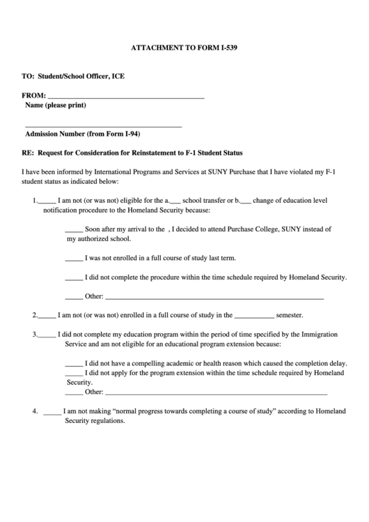 Attachment To Form I-539 Printable pdf
