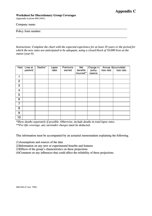 Appendix C (To Form 2441) - Worksheet For Discretionary Group Coverages Printable pdf