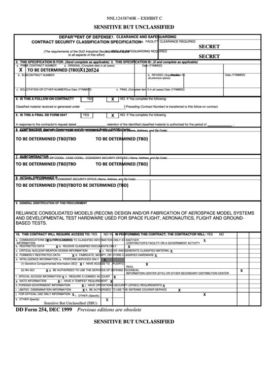 Dd Form 254 - Sensitive But Unclassified printable pdf download