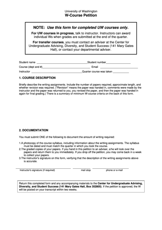 University Of Washington W-Course Petition Printable pdf