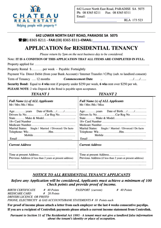 Application For Residential Tenancy Printable pdf