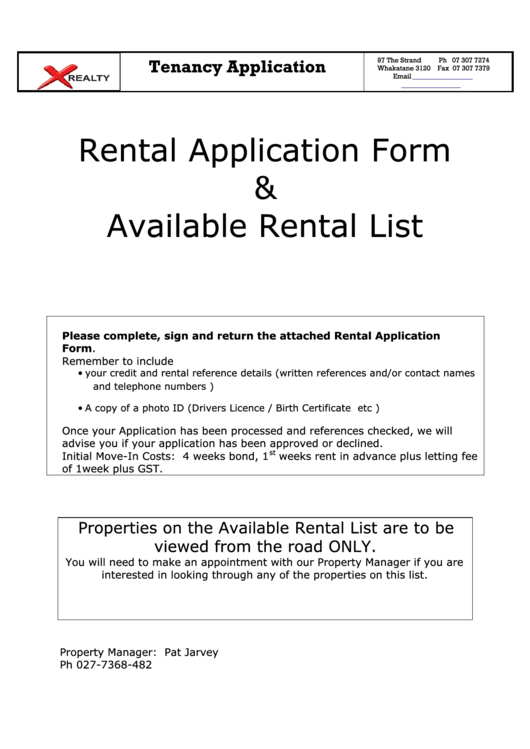 Rental Application Form & Available Rental List Printable pdf