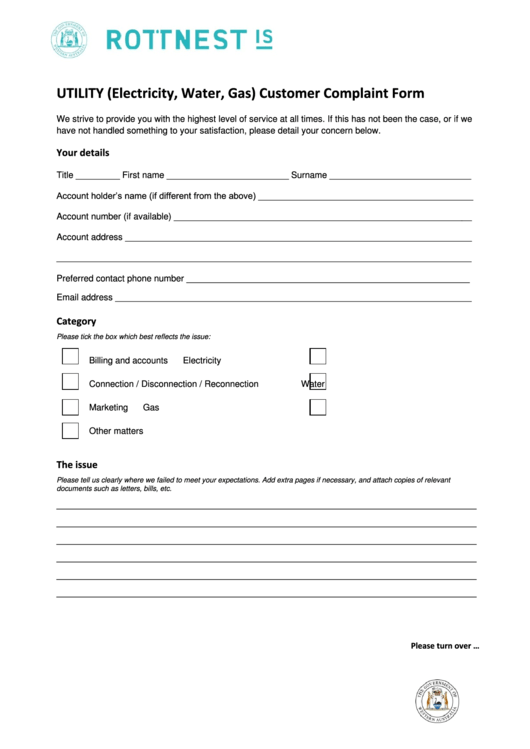 Utility (Electricity, Water, Gas) Customer Complaint Form Printable pdf