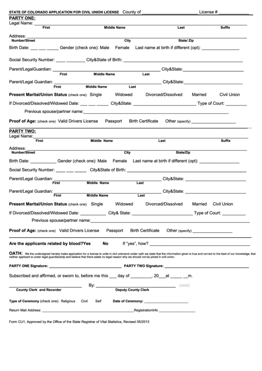 Fillable Form Cu1 - State Of Colorado Application For Civil Union License Printable pdf