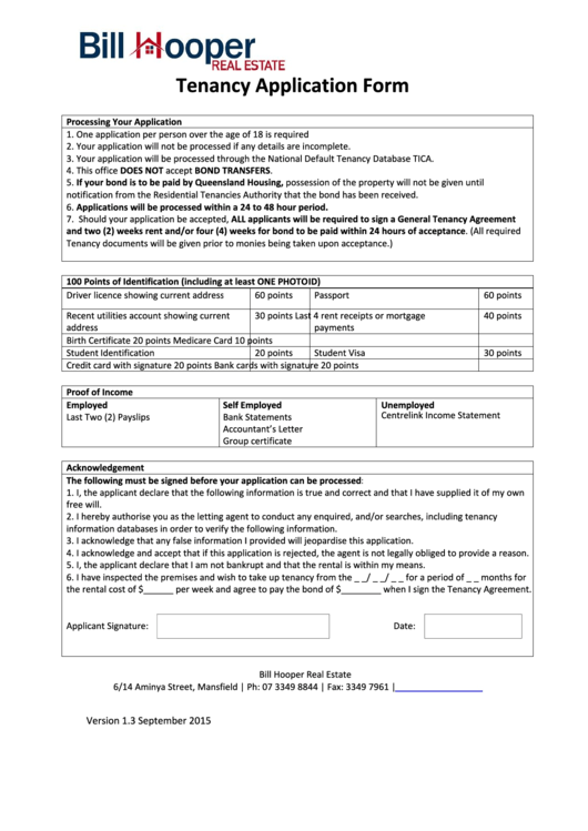 Tenancy Application Form Printable pdf