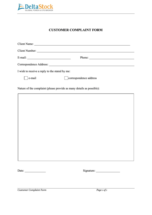 Customer Complaint Form - Deltastock Printable pdf