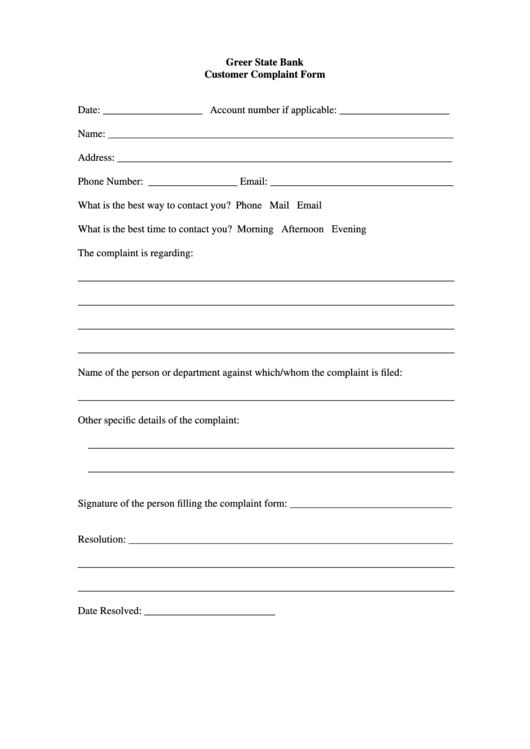 Customer Complaint Form Greer State Bank Printable pdf