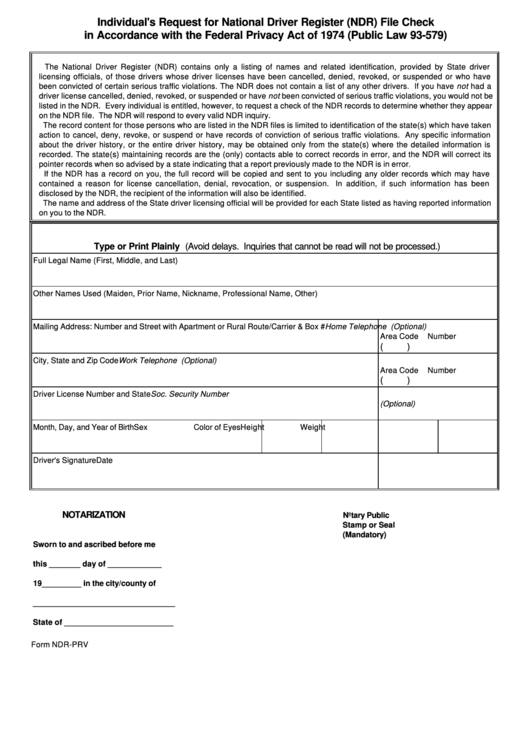 Individuals Request For National Driver Register File Check In Printable pdf