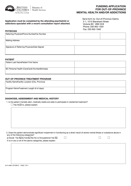 Fillable Funding Application For Out Of Province Mental Health And Or Addictions Printable pdf