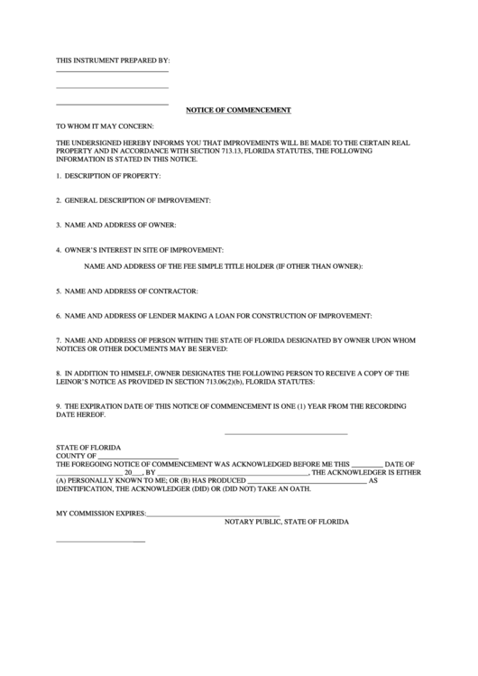 Notice Of Commencement Form - State Of Florida, Jefferson County Printable pdf