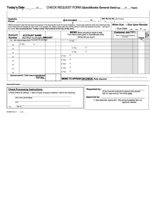 Check Request Form Quickbooks General Use Printable pdf