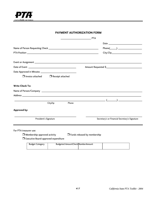 Fillable Payment Authorization Form Pta Printable pdf