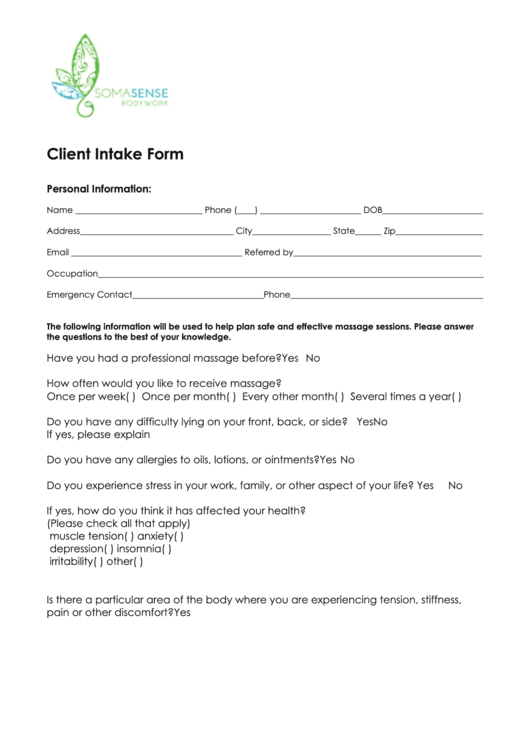 Soma Sense Client Intake Form Printable pdf