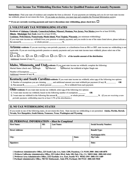 State Income Tax Withholding Election Notice For Qualified Pension And Annuity Payments Printable pdf