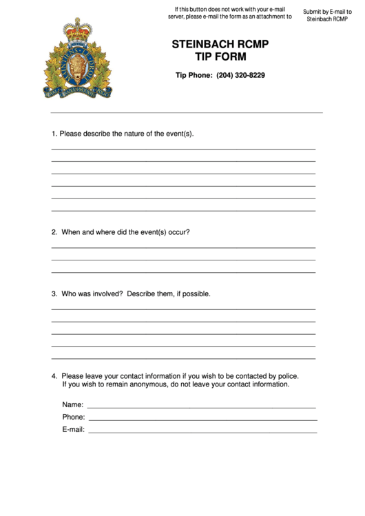Fillable Steinbach Rcmp Tip Form - Royal Canadian Mounted Police Printable pdf