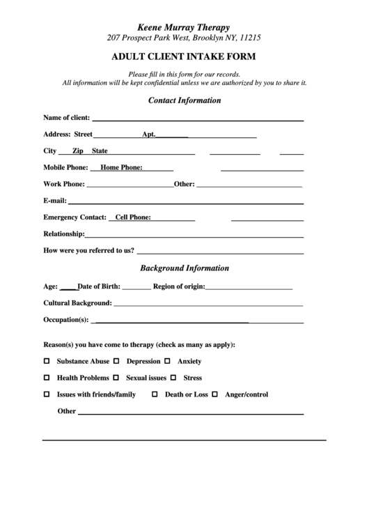 Fillable Keene Murray Therapy Adult Client Intake Form Printable pdf