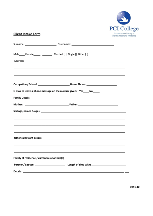 Client Intake Form - Pci College Printable pdf