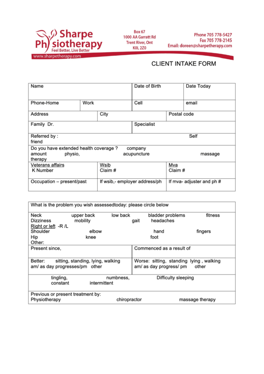 Client Intake Form - The Sharpe Physiotherapy & Massage Clinic Printable pdf