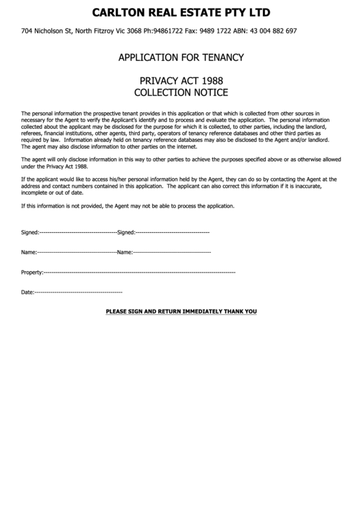 Carlton Real Estate Application Form Printable pdf