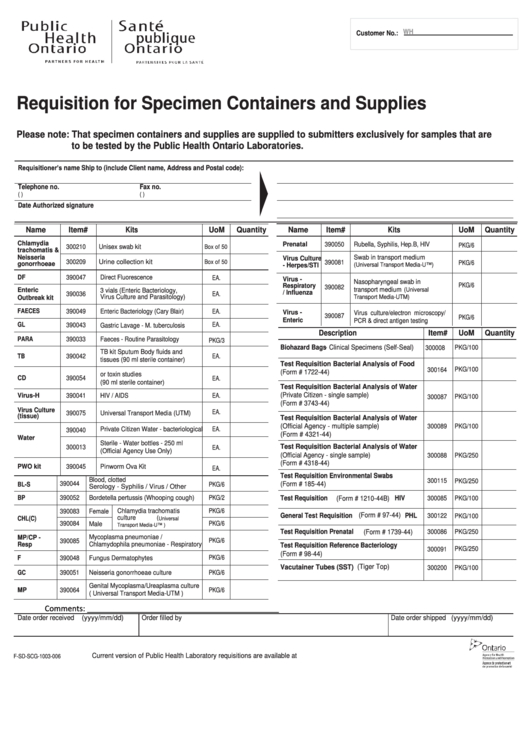 Requisition For Specimen Containers And Supplies - Public Health Ontario Printable pdf