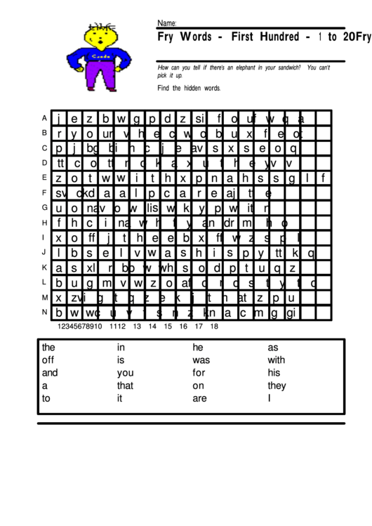 Fry Words List - 1 To 20 printable pdf download