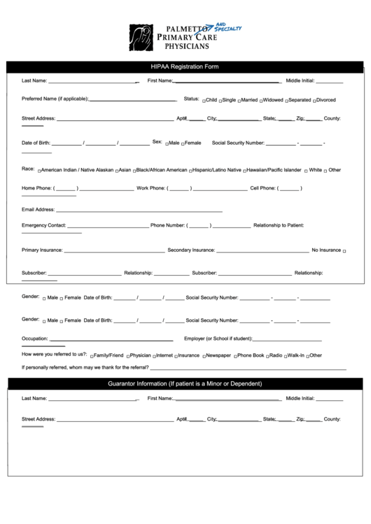 Hipaa Registration Form Guarantor Information Printable pdf
